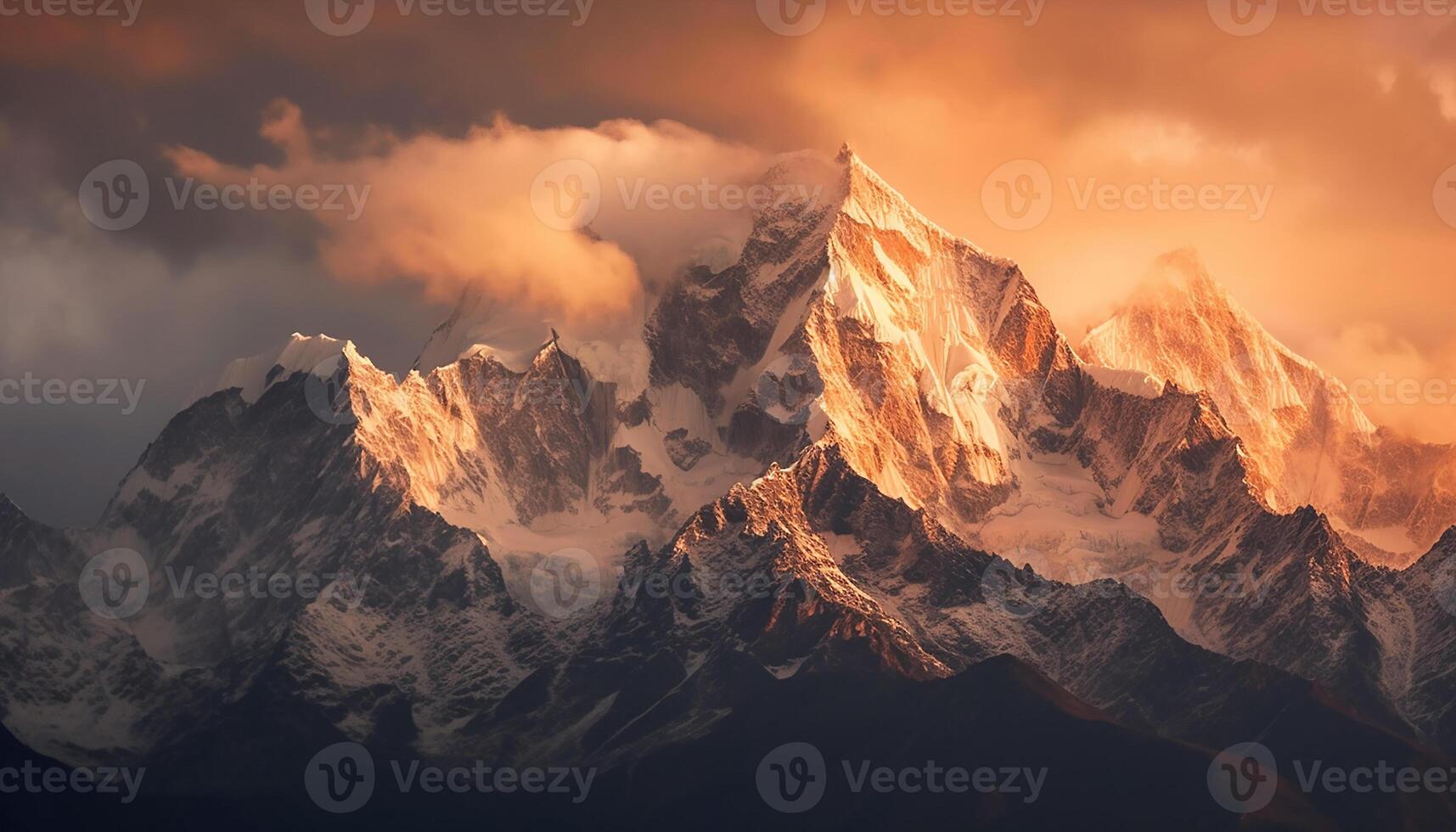 ai gegenereerd majestueus berg piek, besneeuwd en hoog omhoog, onder schemering lucht gegenereerd door ai foto