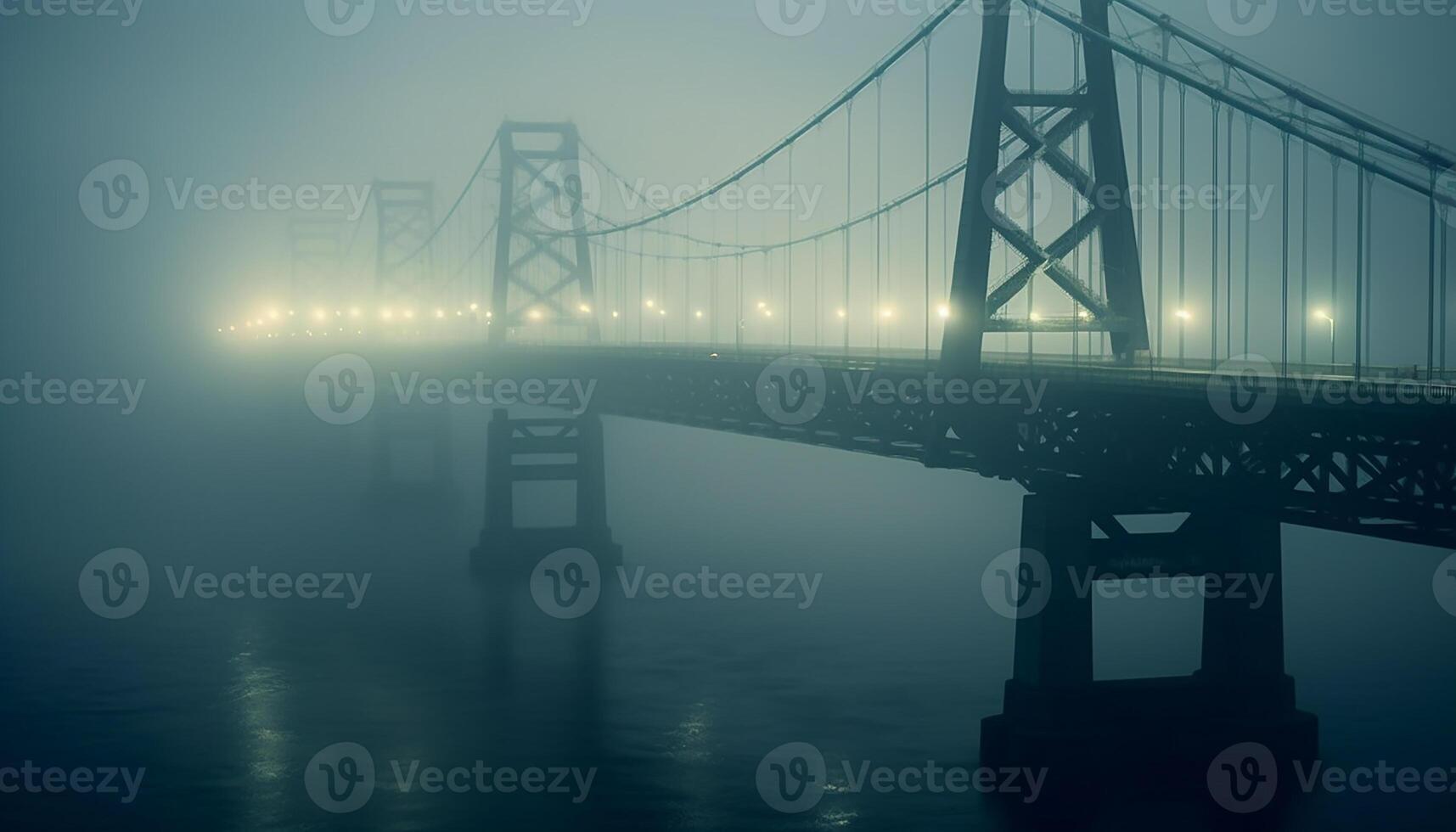 ai gegenereerd suspensie brug silhouet weerspiegelt blauw schemering, natuur rustig vervoer verbinding gegenereerd door ai foto