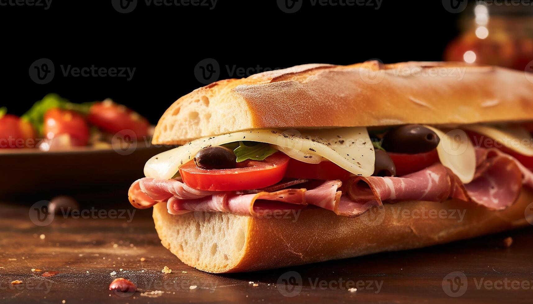 ai gegenereerd versheid Aan een bord gegrild ciabatta, prosciutto, en Mozzarella belegd broodje gegenereerd door ai foto