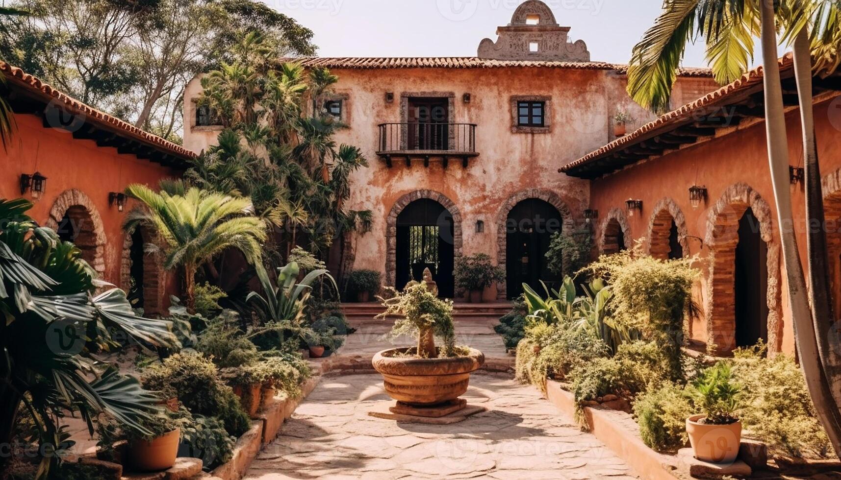 ai gegenereerd beroemd palm boom monument in oude Afrikaanse binnenplaats, groen luxe gegenereerd door ai foto