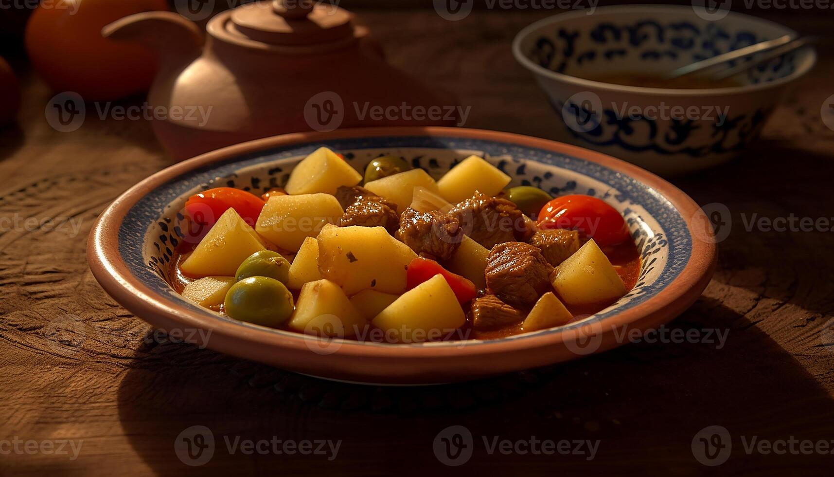 ai gegenereerd vers fijnproever maaltijd Aan houten tafel, gezond vegetarisch lunch gegenereerd door ai foto