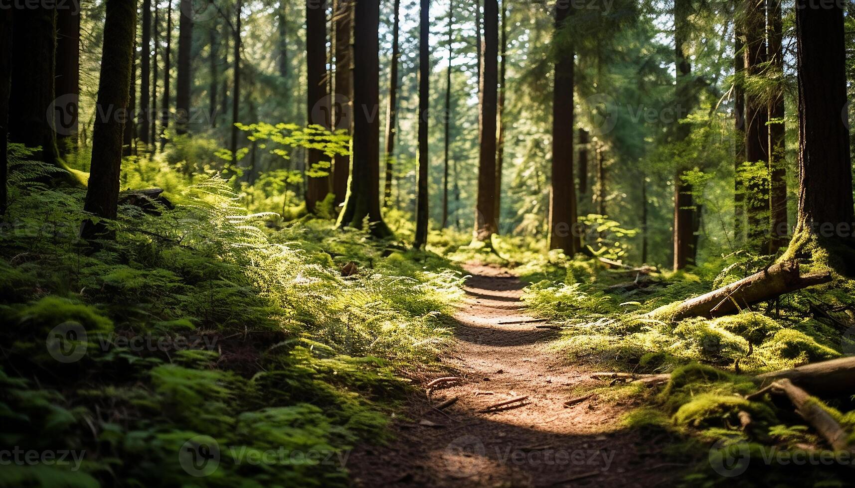 ai gegenereerd rustig tafereel groen boom, zonlicht, voetpad, natuur schoonheid in zomer gegenereerd door ai foto