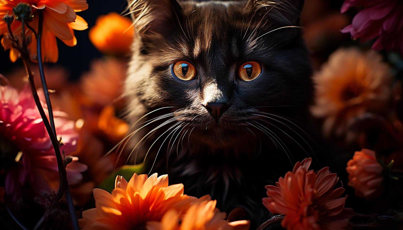 ai gegenereerd schattig katje zittend in gras, staren Bij geel madeliefje gegenereerd door ai foto