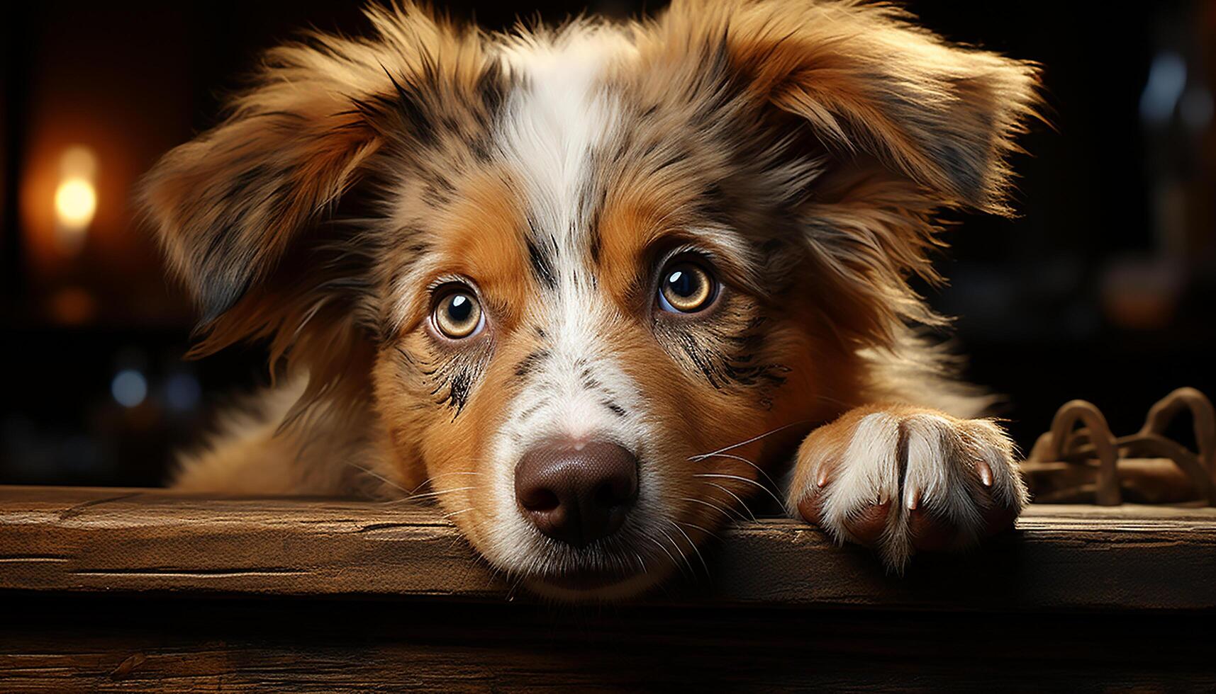 ai gegenereerd schattig puppy zitten, op zoek Bij camera, pluizig en verwend gegenereerd door ai foto