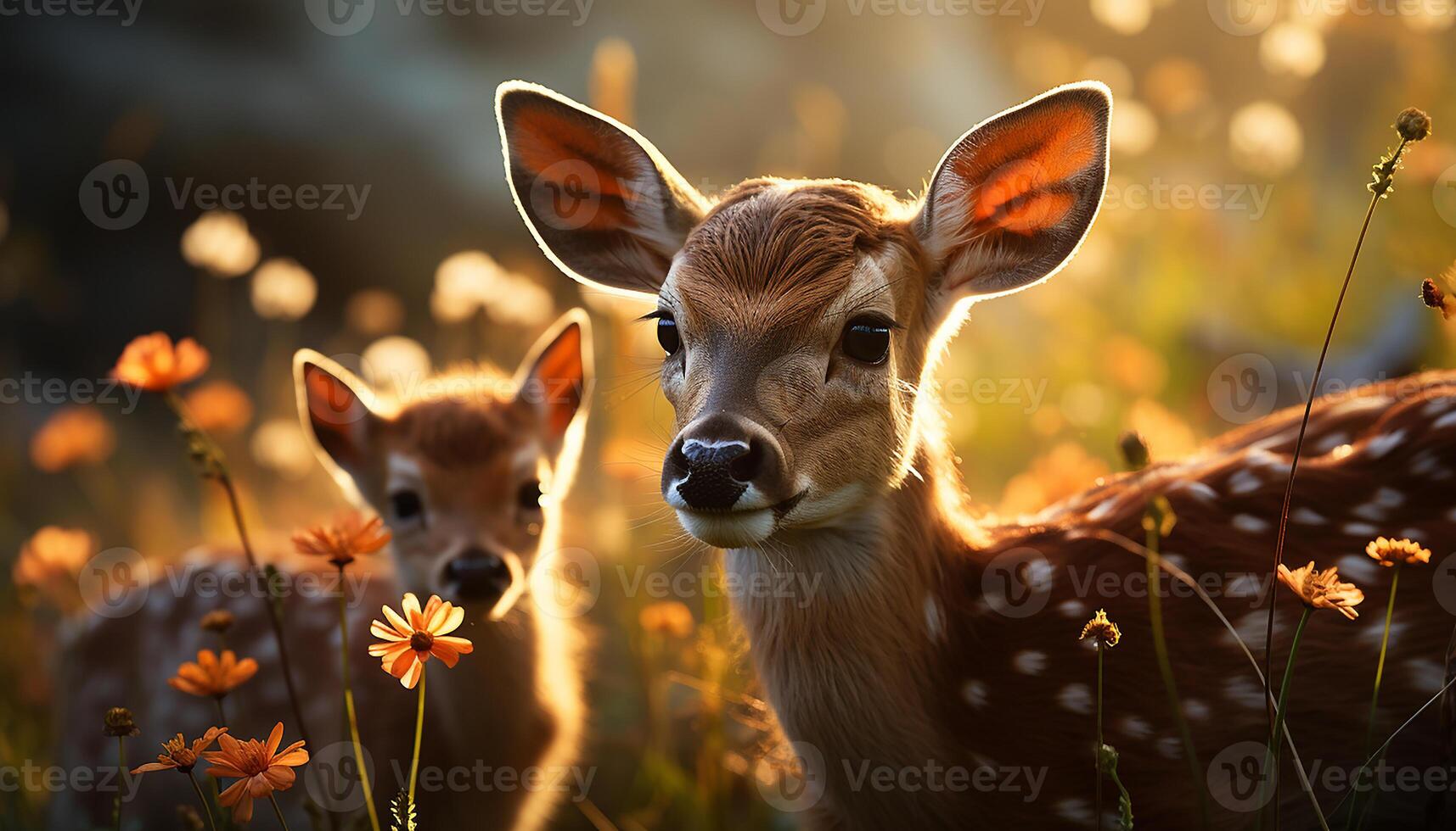 ai gegenereerd schattig hert op zoek Bij camera in groen weide Bij zonsondergang gegenereerd door ai foto