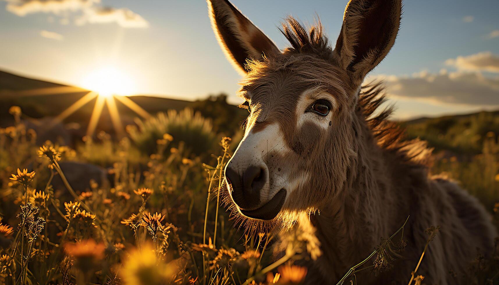 ai gegenereerd schattig ezel begrazing Aan gras, op zoek Bij camera onder zonsondergang gegenereerd door ai foto