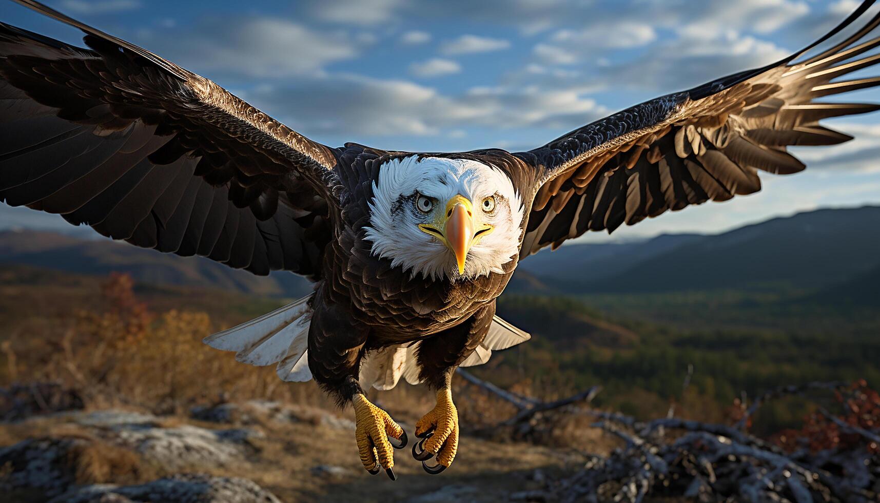 ai gegenereerd majestueus kaal adelaar stijgend in natuur, symboliseert Amerikaans vrijheid gegenereerd door ai foto