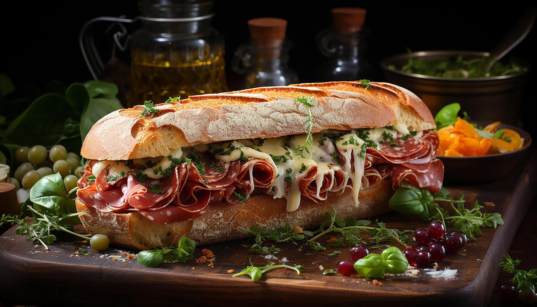 ai gegenereerd gegrild rundvlees belegd broodje Aan ciabatta, vers salade, rustiek hout bord gegenereerd door ai foto