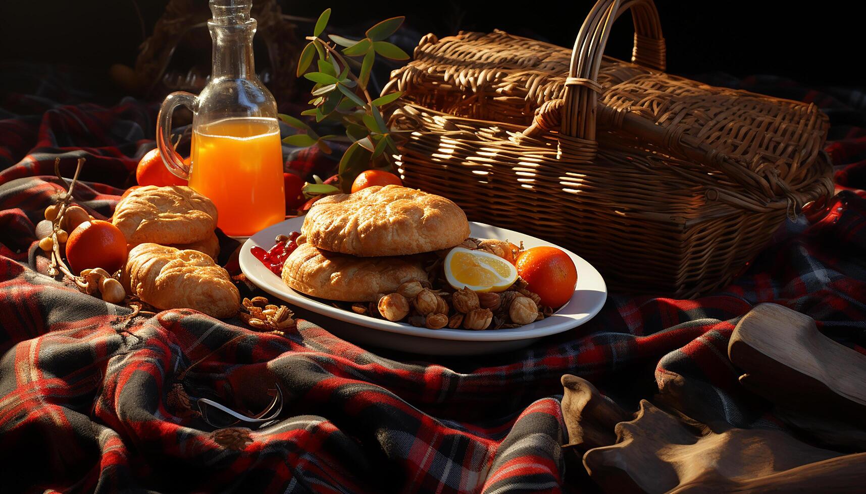 ai gegenereerd vers picknick maaltijd Aan rustiek tafelkleed gezond, eigengemaakt, en heerlijk gegenereerd door ai foto