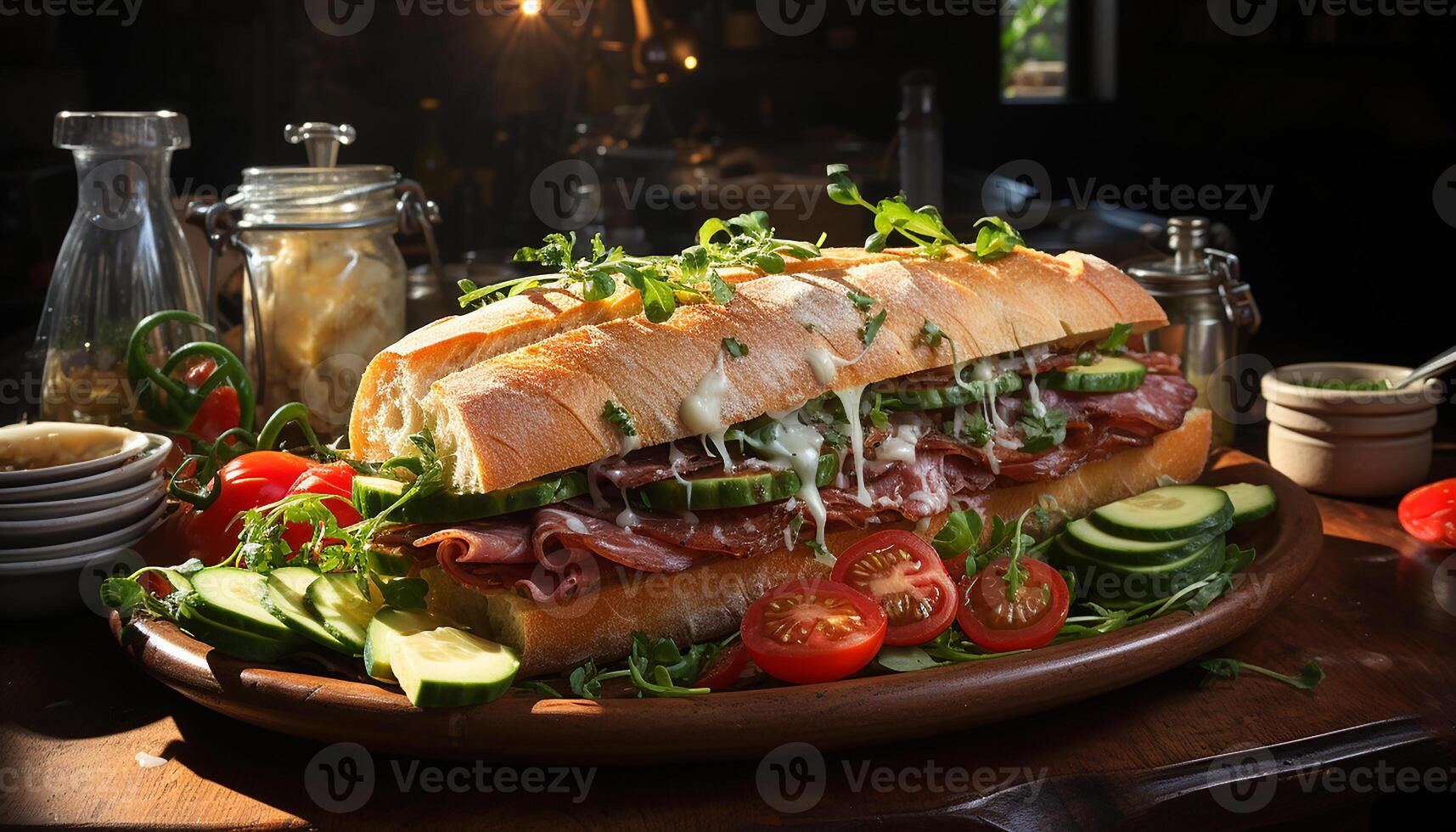 ai gegenereerd gegrild vlees belegd broodje Aan ciabatta, vers salade Aan bord gegenereerd door ai foto