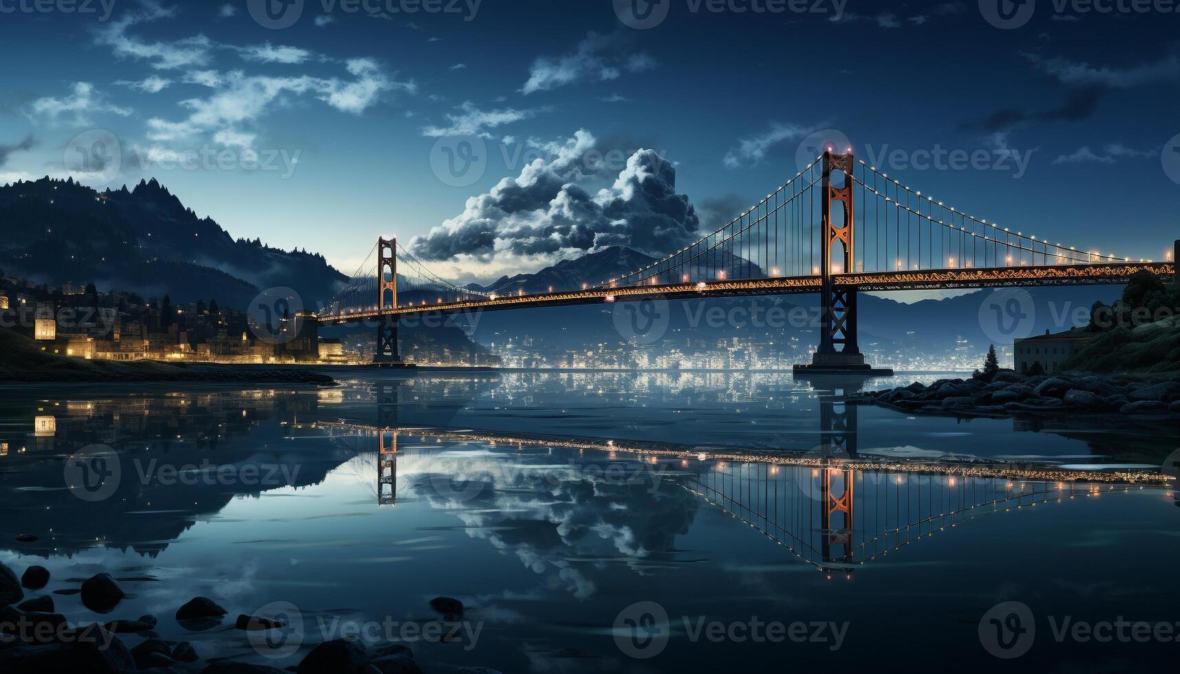 ai gegenereerd beroemd brug weerspiegelt stadsgezicht Bij schemering, verlichte door blauw zonsondergang gegenereerd door ai foto