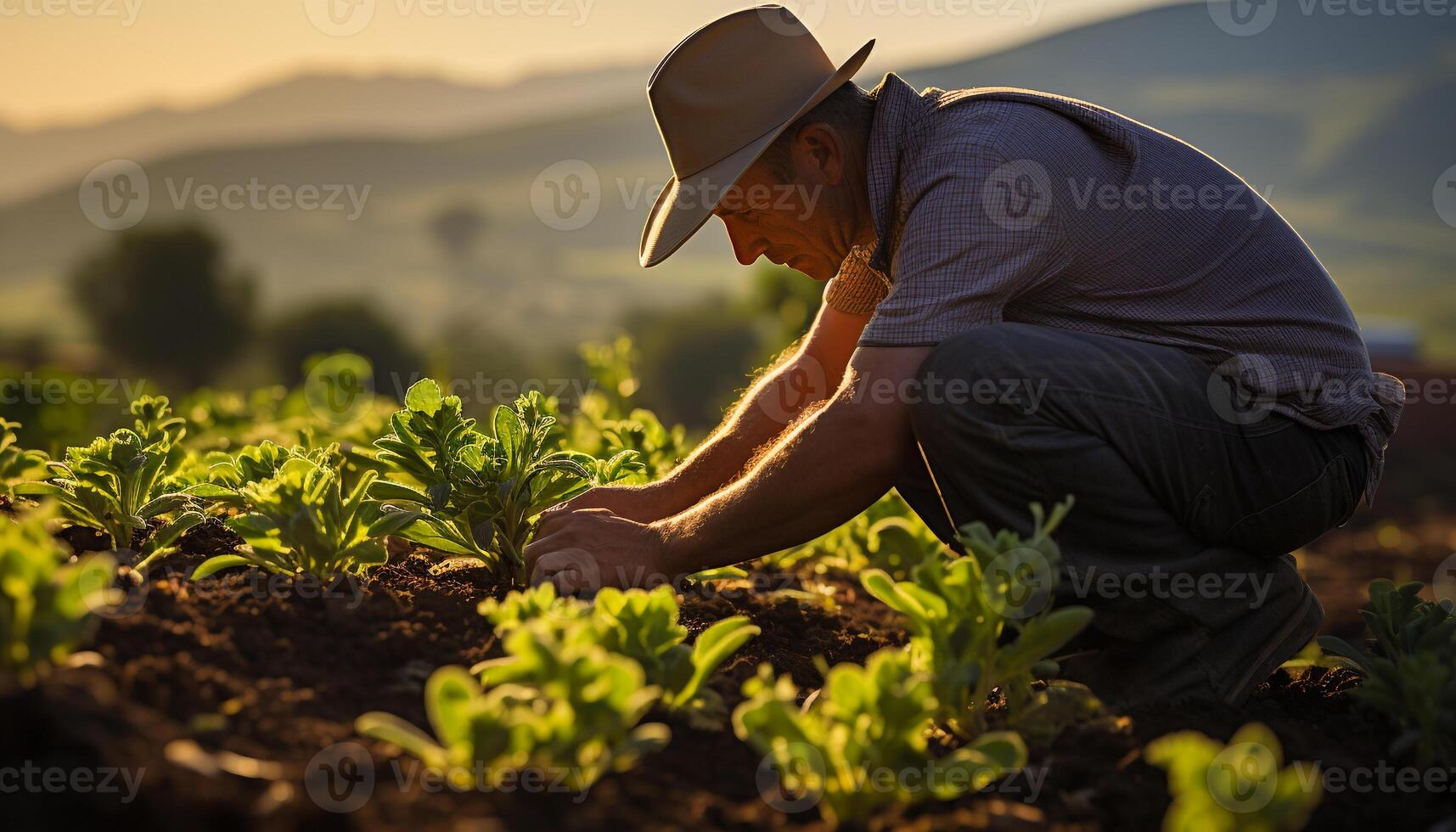 ai gegenereerd een boer werken buitenshuis, aanplant en oogsten in natuur gegenereerd door ai foto