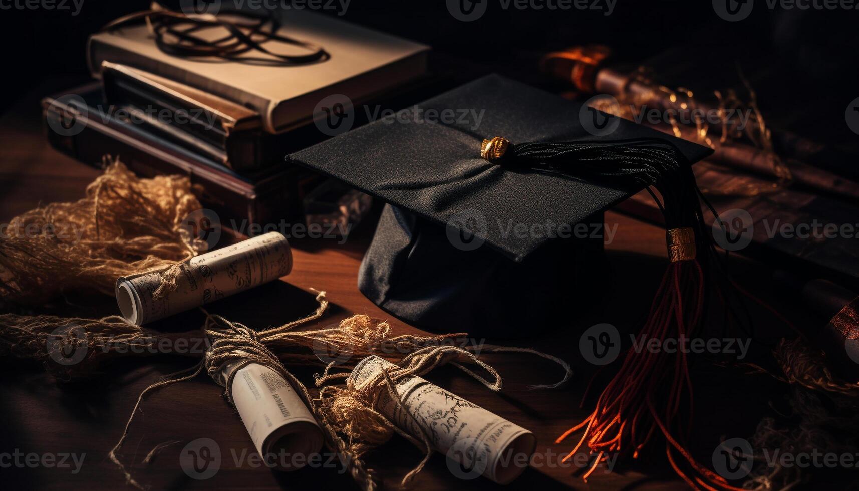 ai gegenereerd onderwijs succes oud fashioned boek, gerold omhoog diploma, antiek certificaat gegenereerd door ai foto