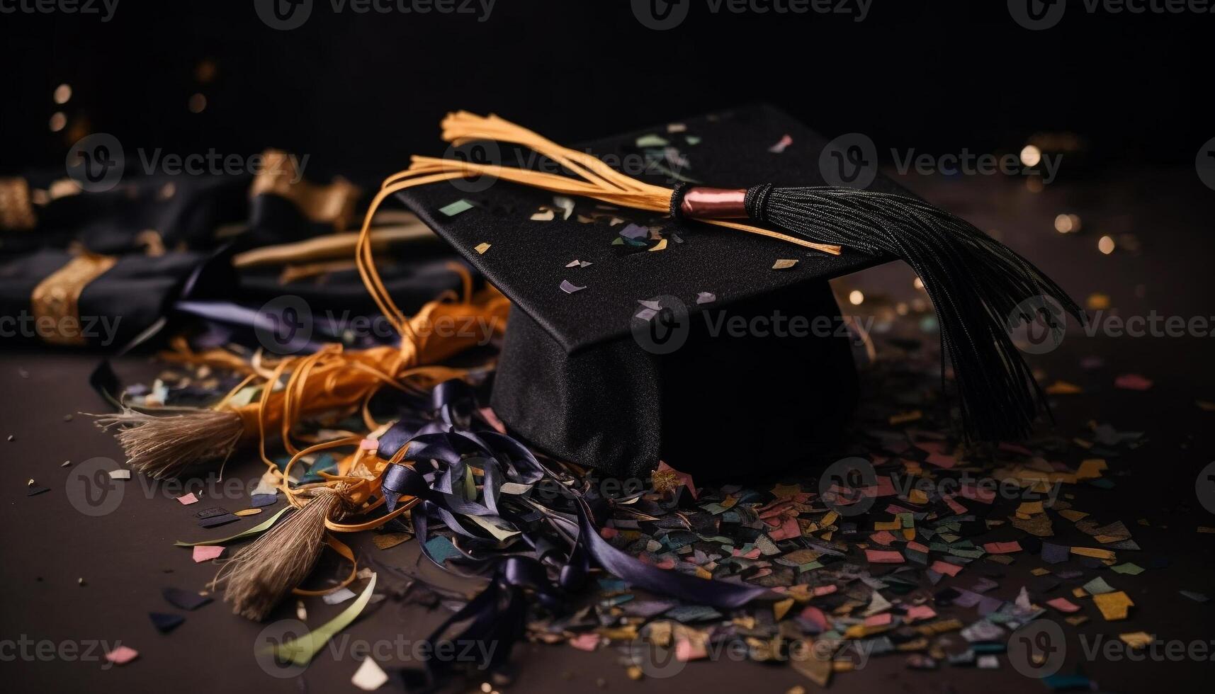 ai gegenereerd succes viering onderwijs prestatie, diploma, partij, confetti, pet, kwast gegenereerd door ai foto