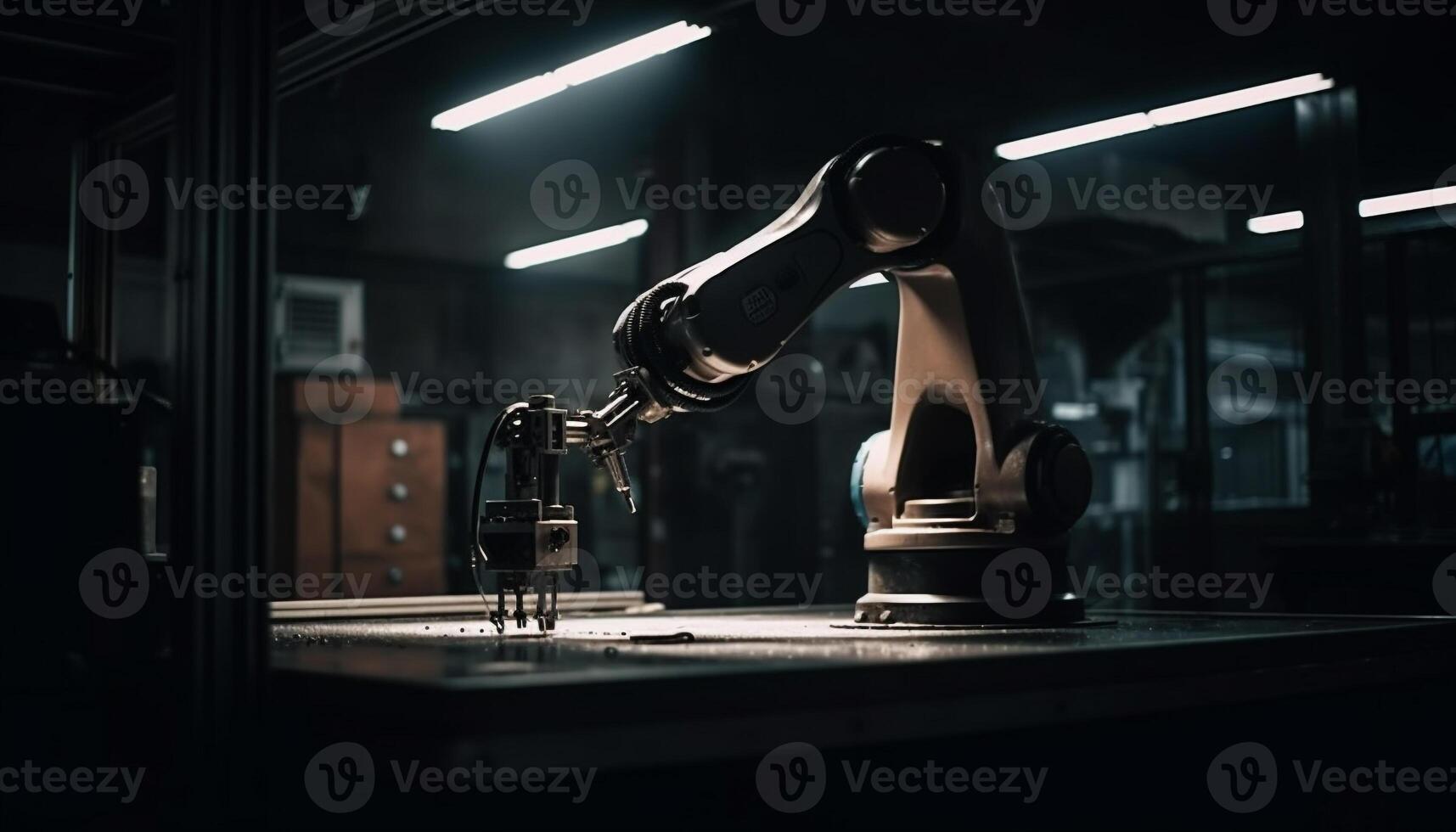 ai gegenereerd futuristische robot arm werken in een donker fabriek, fabricage uitrusting gegenereerd door ai foto