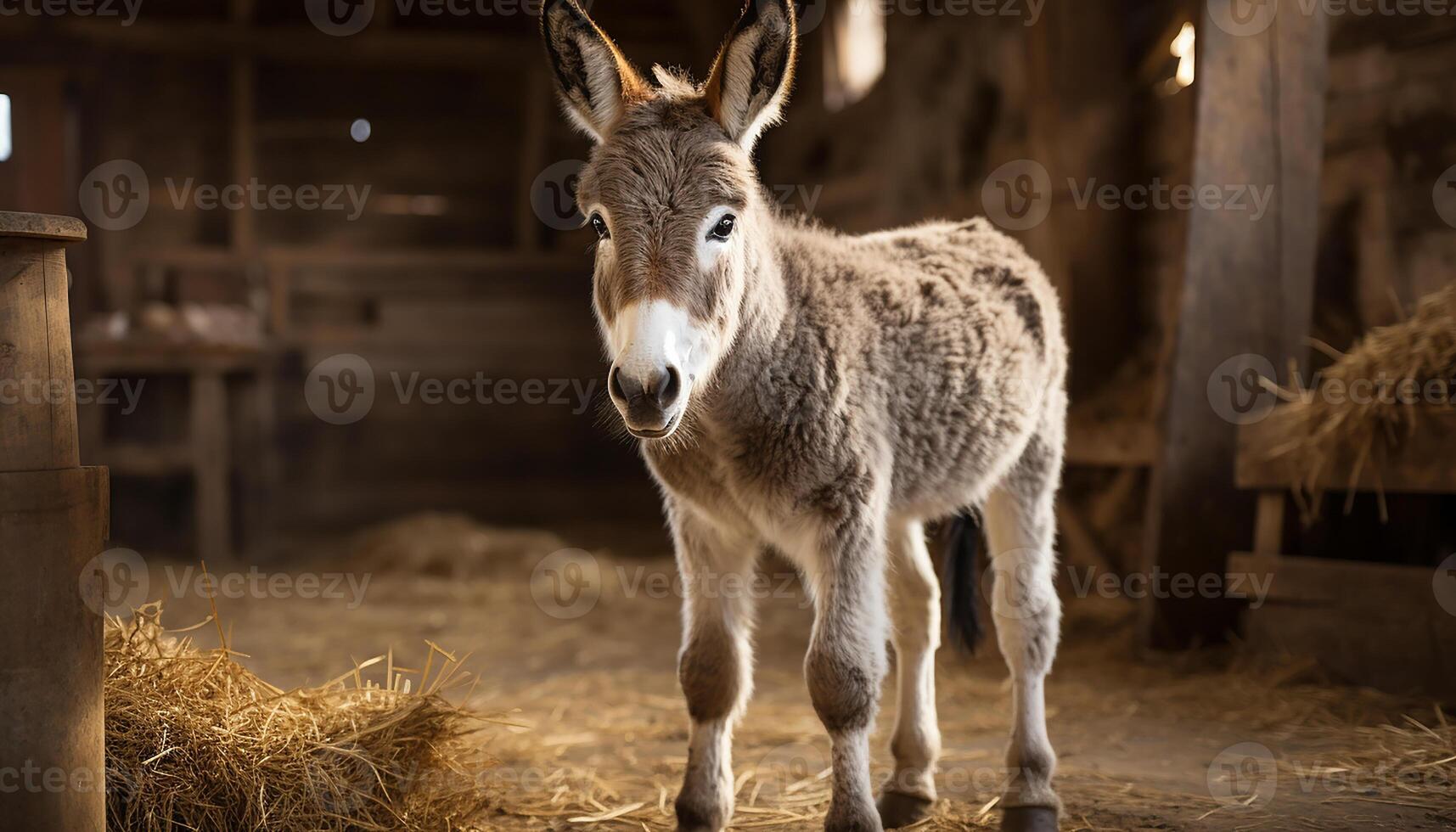 ai gegenereerd schattig ezel staand in weide, op zoek Bij camera gegenereerd door ai foto