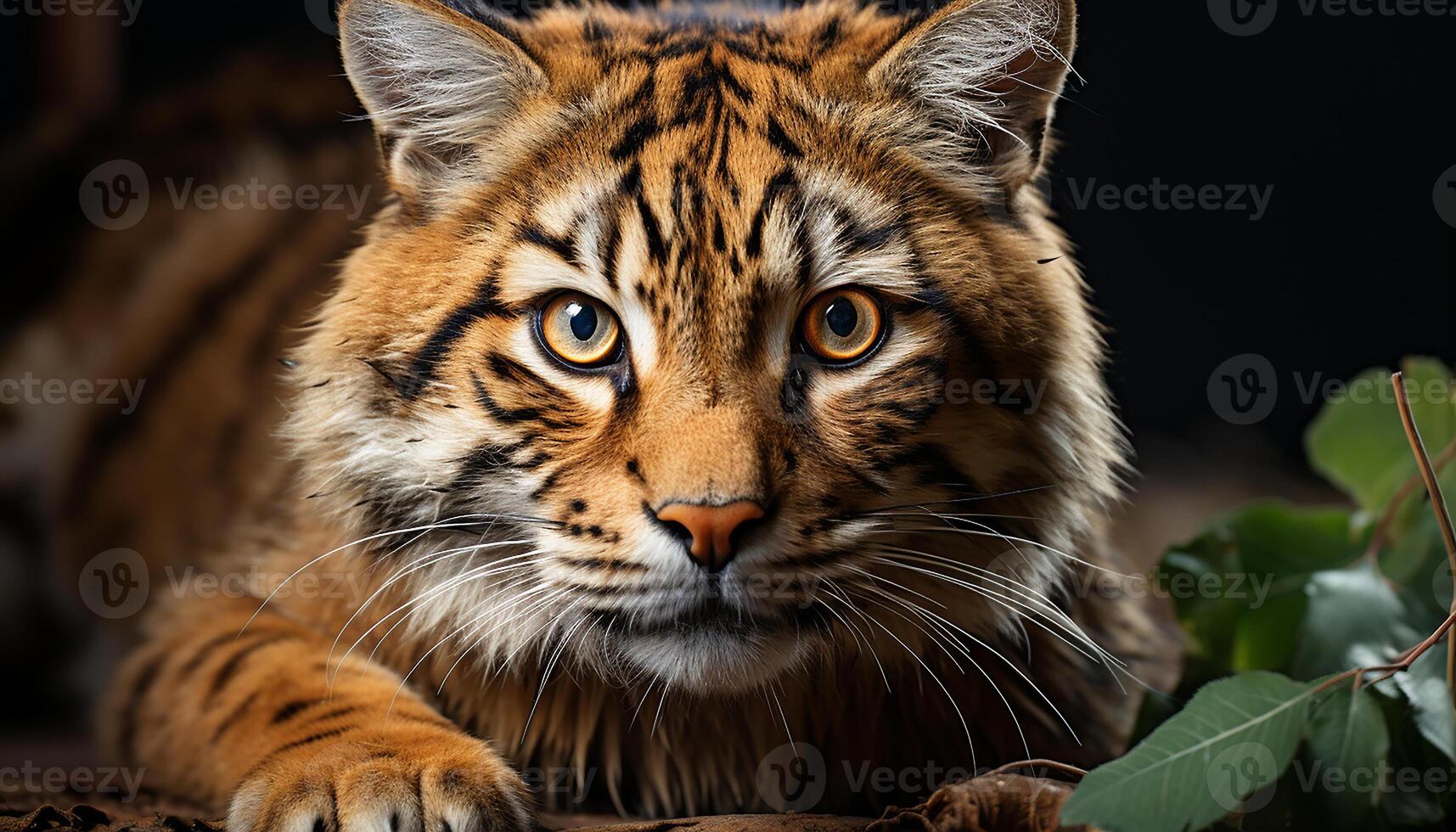 ai gegenereerd majestueus tijger staren, natuur schoonheid in een schattig, gevaarlijk portret gegenereerd door ai foto