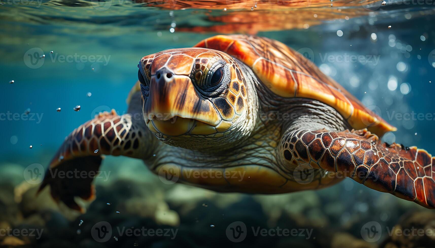 ai gegenereerd een mooi groen zee schildpad zwemmen in de Doorzichtig blauw water gegenereerd door ai foto