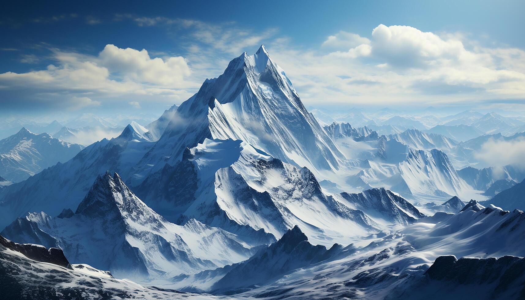 ai gegenereerd majestueus berg piek, besneeuwd en rustig, een adembenemend avontuur gegenereerd door ai foto