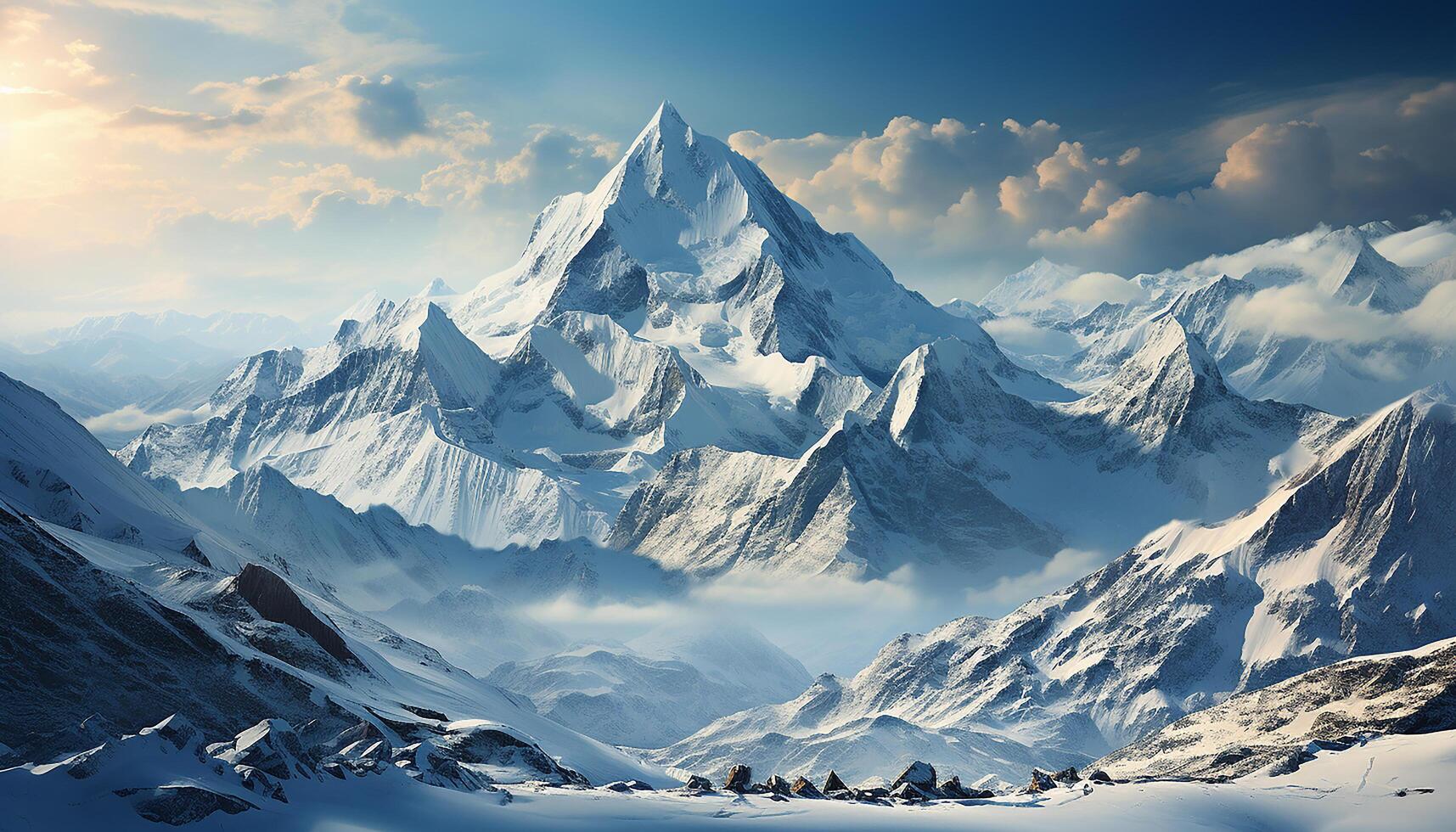 ai gegenereerd majestueus berg bereik, blauw lucht, sneeuw afgedekt pieken natuur schoonheid gegenereerd door ai foto