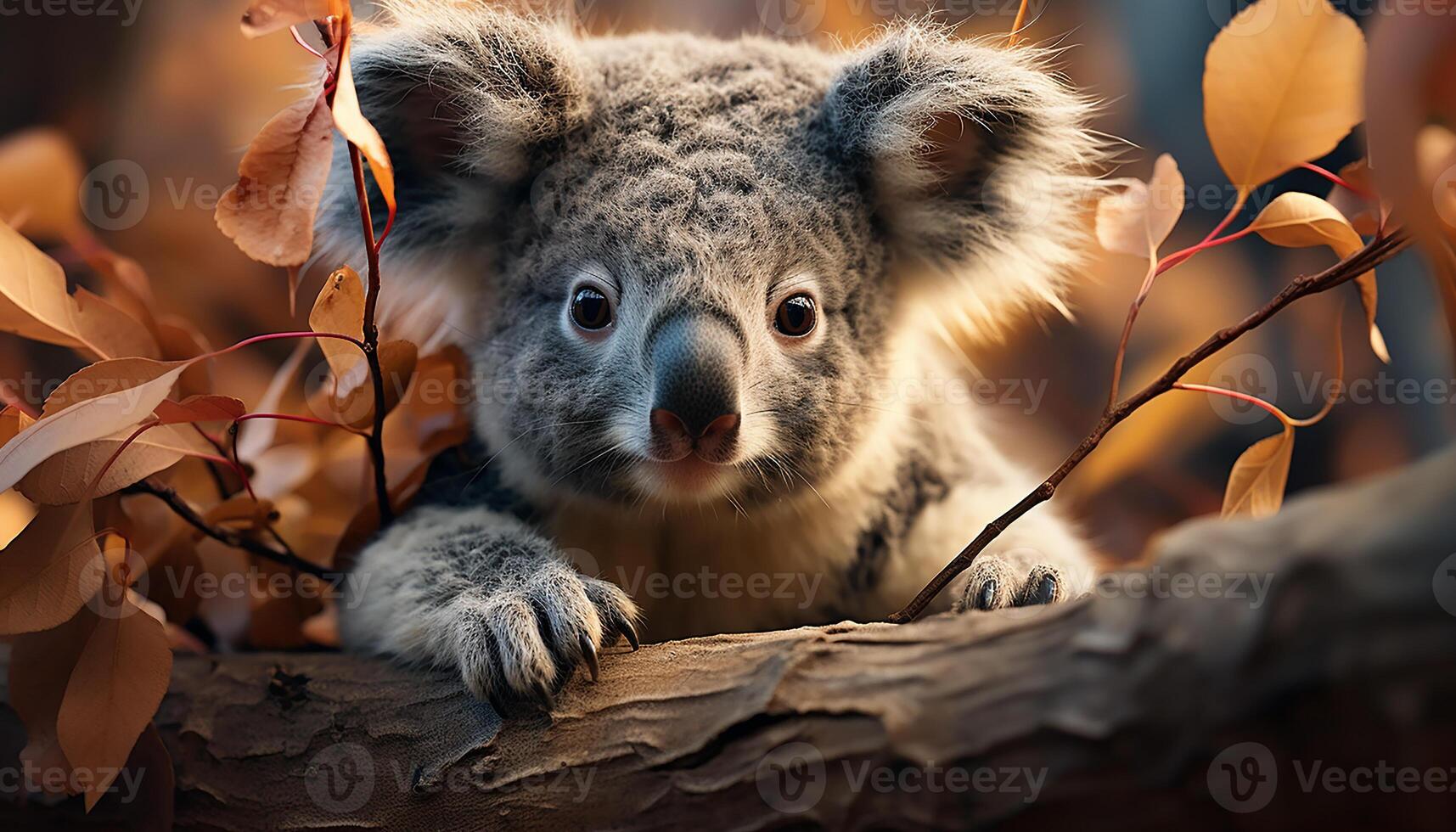 ai gegenereerd schattig koala zittend Aan tak, op zoek Bij camera in Woud gegenereerd door ai foto