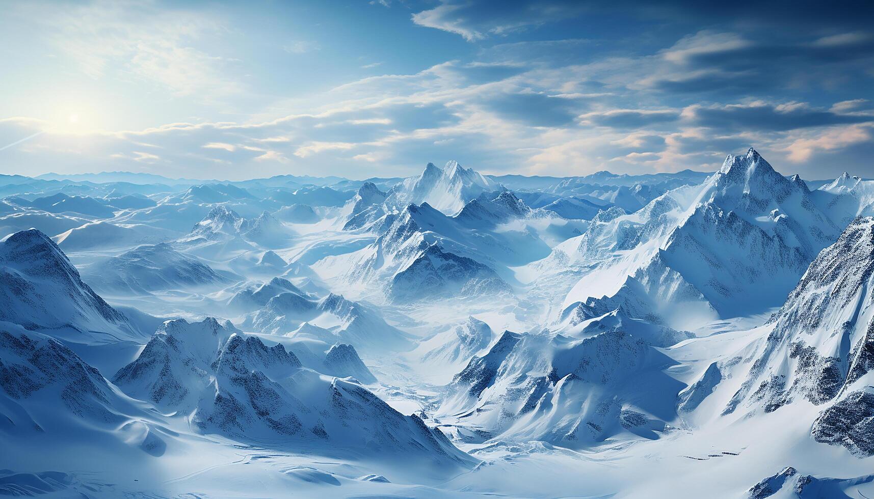 ai gegenereerd majestueus berg piek, sneeuw gedekt landschap, rustig tafereel, bevroren schoonheid gegenereerd door ai foto