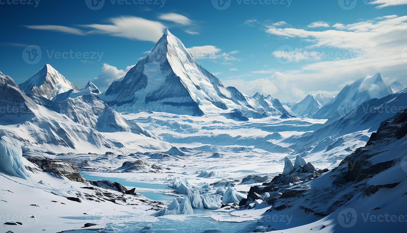 ai gegenereerd majestueus berg piek, blauw lucht, bevroren water, schoonheid in natuur gegenereerd door ai foto