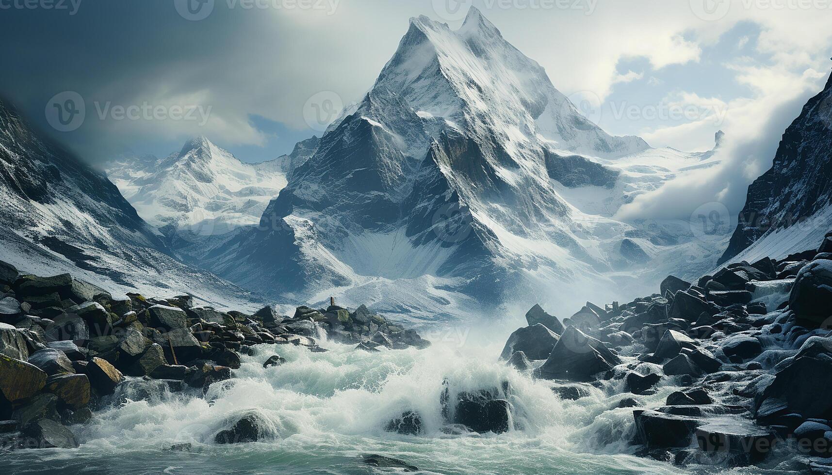 ai gegenereerd majestueus berg piek, sneeuw gedekt landschap, ijzig steen, vloeiende water gegenereerd door ai foto