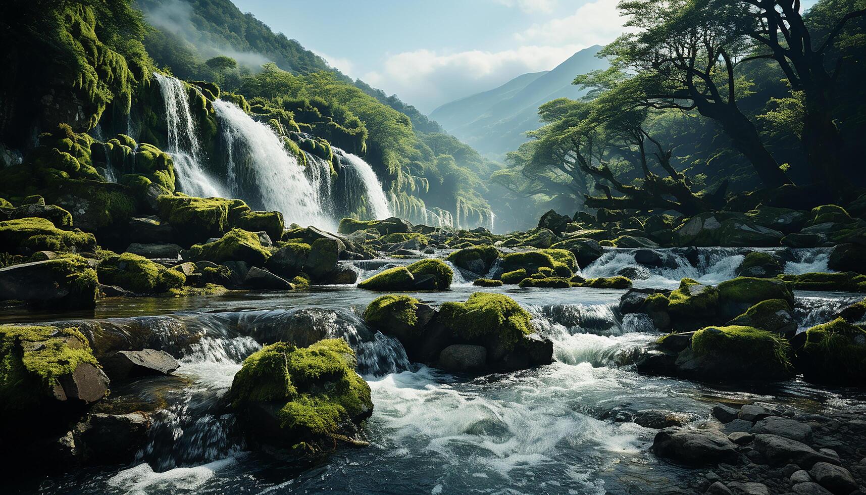 ai gegenereerd de groen Woud stromen met snel, vallend water in natuur gegenereerd door ai foto