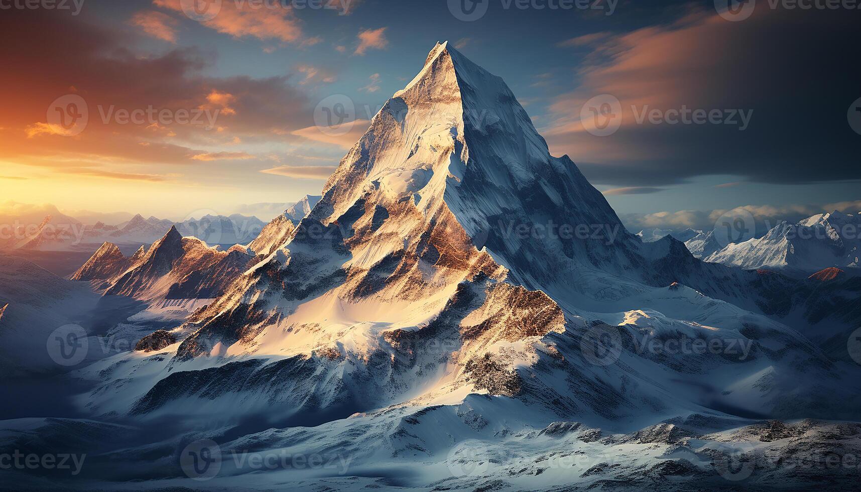 ai gegenereerd majestueus berg piek, sneeuw bedekt, natuur schoonheid in panoramisch visie gegenereerd door ai foto