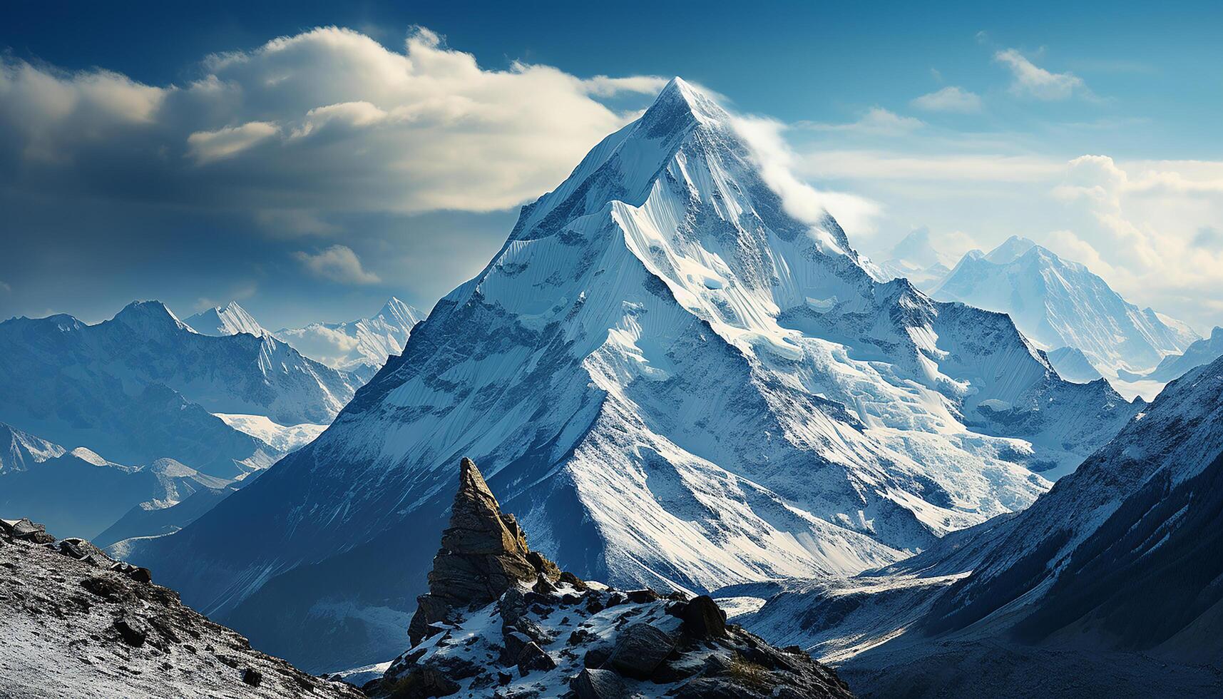 ai gegenereerd majestueus berg piek, sneeuw afgedekt en sereen, een rustig avontuur gegenereerd door ai foto