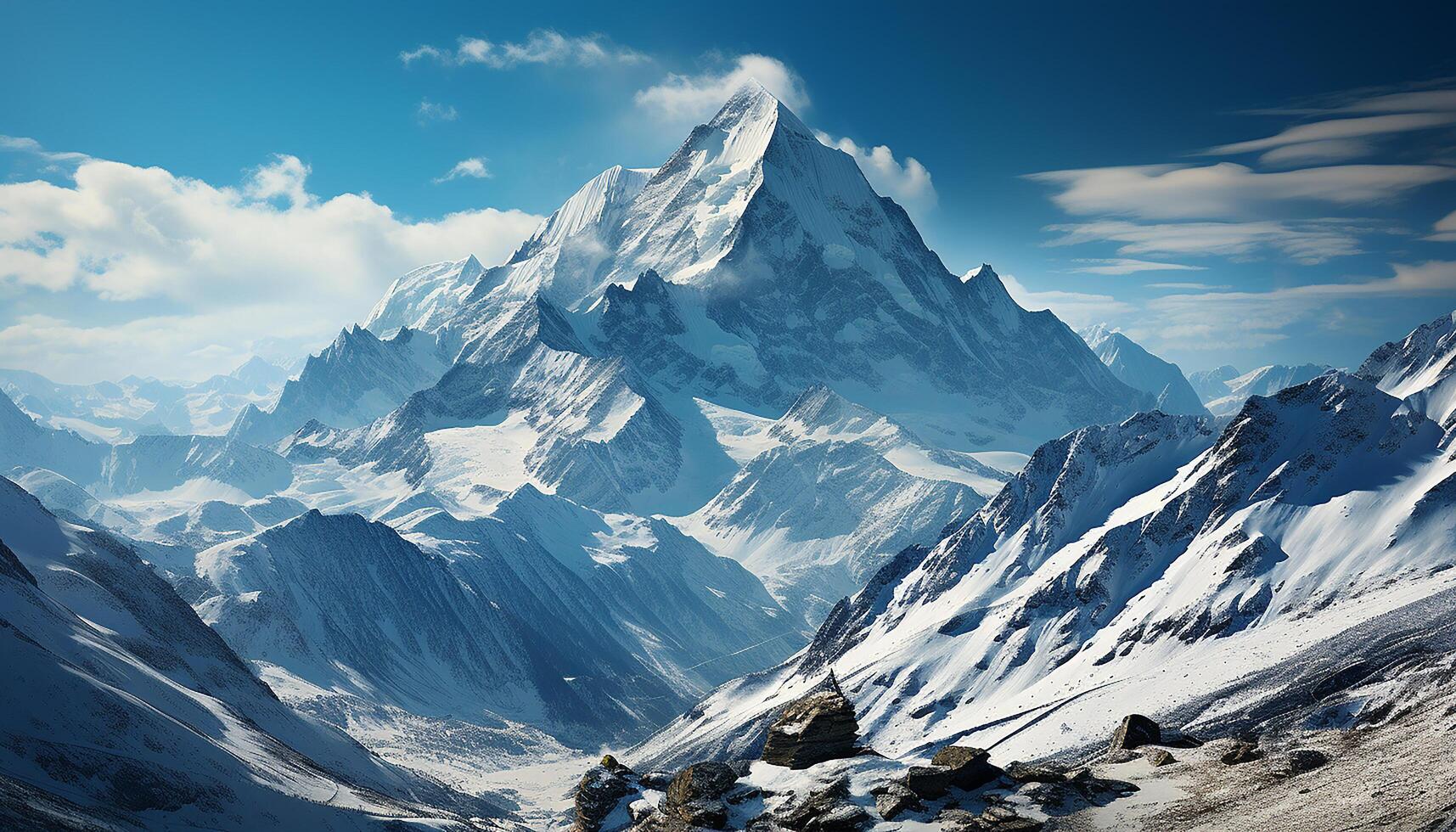 ai gegenereerd majestueus berg piek, sneeuw bedekt, blauw lucht, adembenemend landschap gegenereerd door ai foto