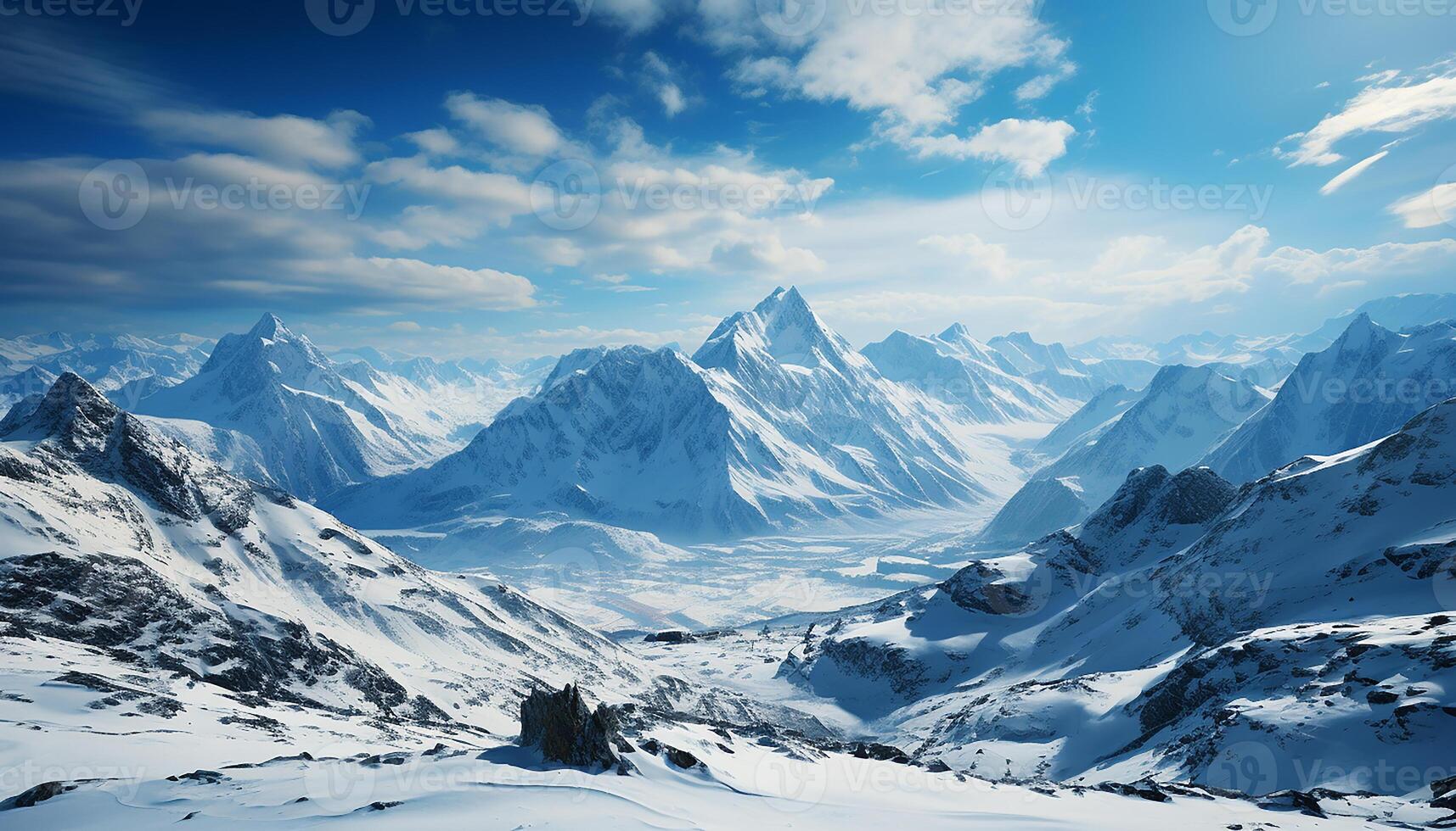 ai gegenereerd majestueus berg piek, blauw lucht, bevroren landschap, rustig schoonheid gegenereerd door ai foto