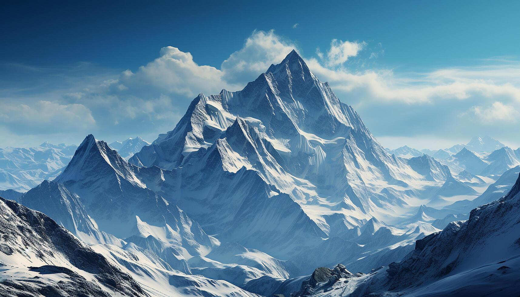 ai gegenereerd majestueus berg piek, sneeuw gedekt landschap, rustig tafereel, hoog omhoog gegenereerd door ai foto
