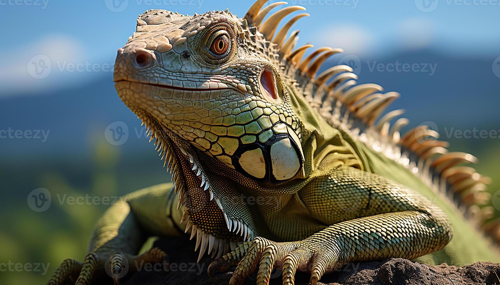 ai gegenereerd majestueus hagedis in natuur, dichtbij omhoog van groen reptiel balans gegenereerd door ai foto