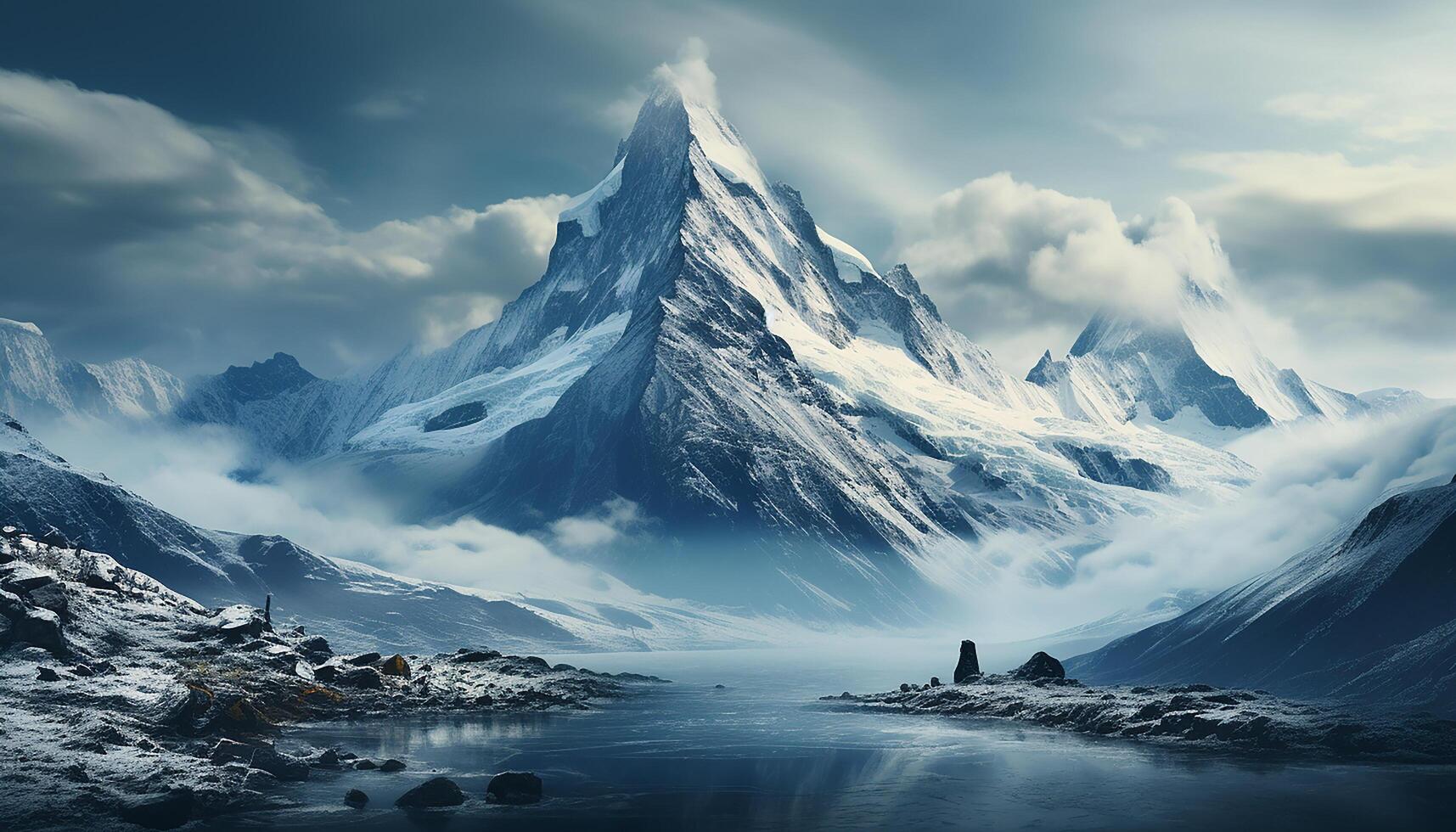 ai gegenereerd majestueus berg top weerspiegelt rustig lucht in bevroren landschap gegenereerd door ai foto