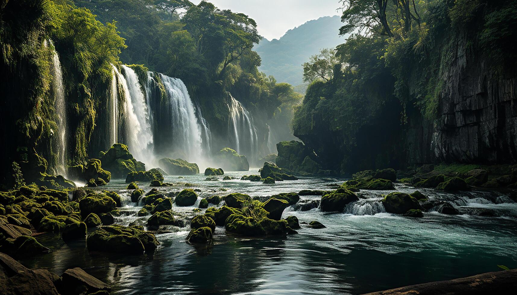 ai gegenereerd majestueus tropisch regenwoud, vloeiende water, snel, rustig tafereel, natuurlijk schoonheid gegenereerd door ai foto