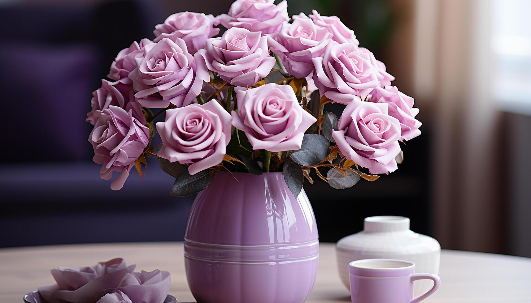 ai gegenereerd een roze bloem boeket siert de tafel binnenshuis, brengen versheid gegenereerd door ai foto