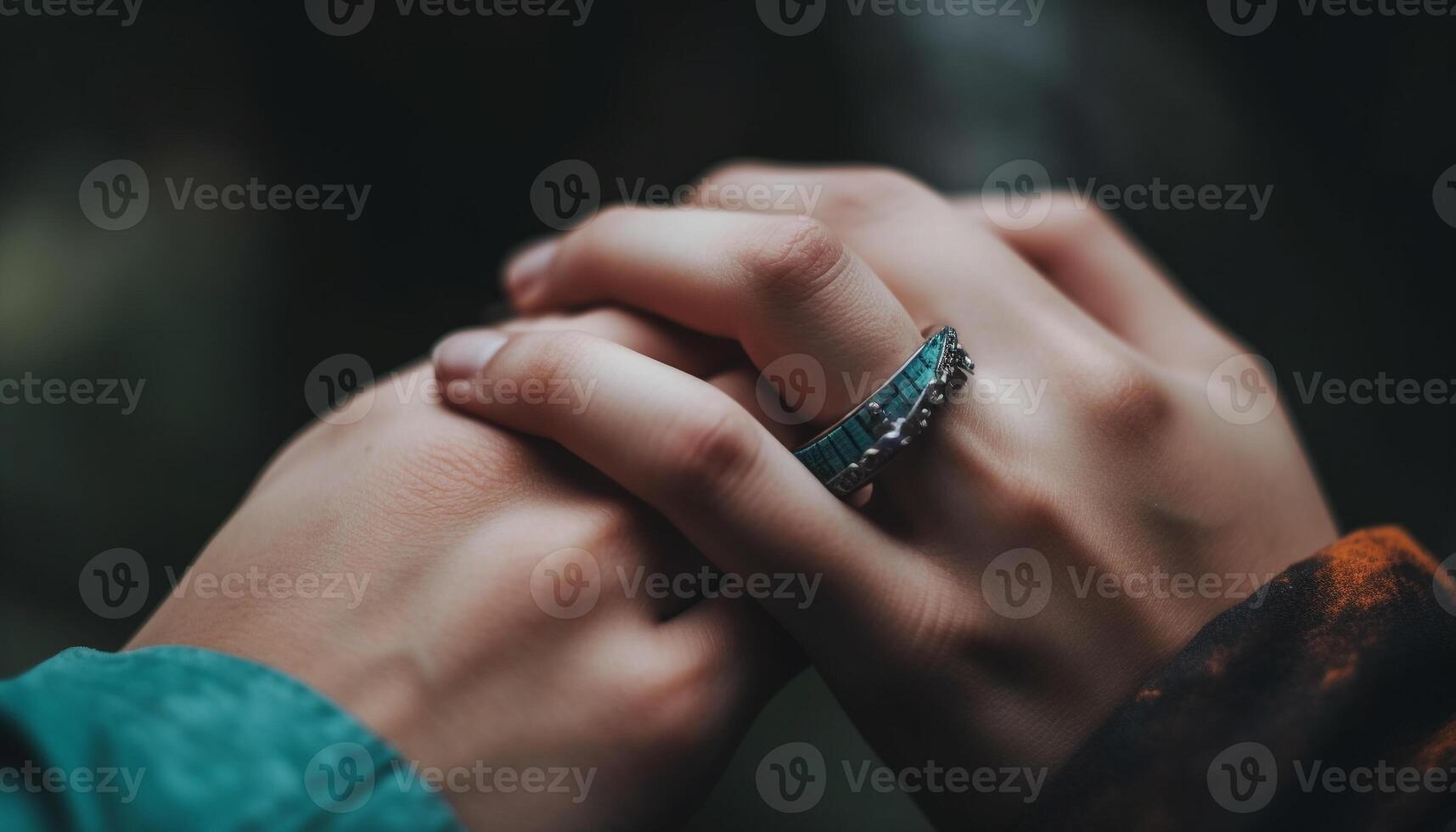 ai gegenereerd jong vrouw Holding een ring, buitenshuis, in een dichtbij omhoog schot gegenereerd door ai foto