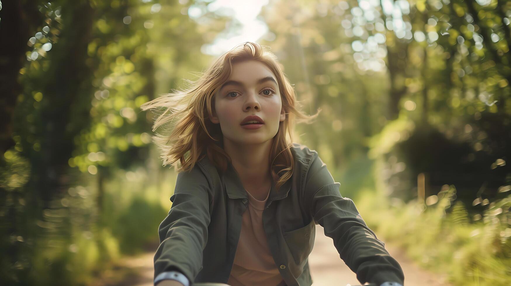 ai gegenereerd jong vrouw ritten fiets door bezig stad straat met hoog gebouwen in achtergrond foto