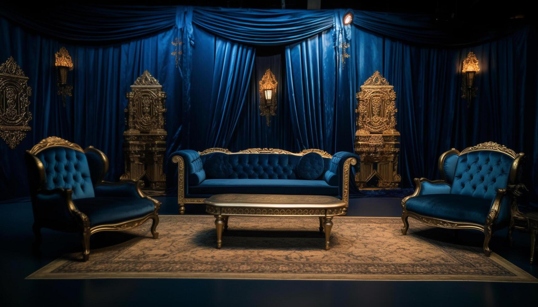 ai gegenereerd luxe leven kamer met elegant blauw sofa en stoel gegenereerd door ai foto