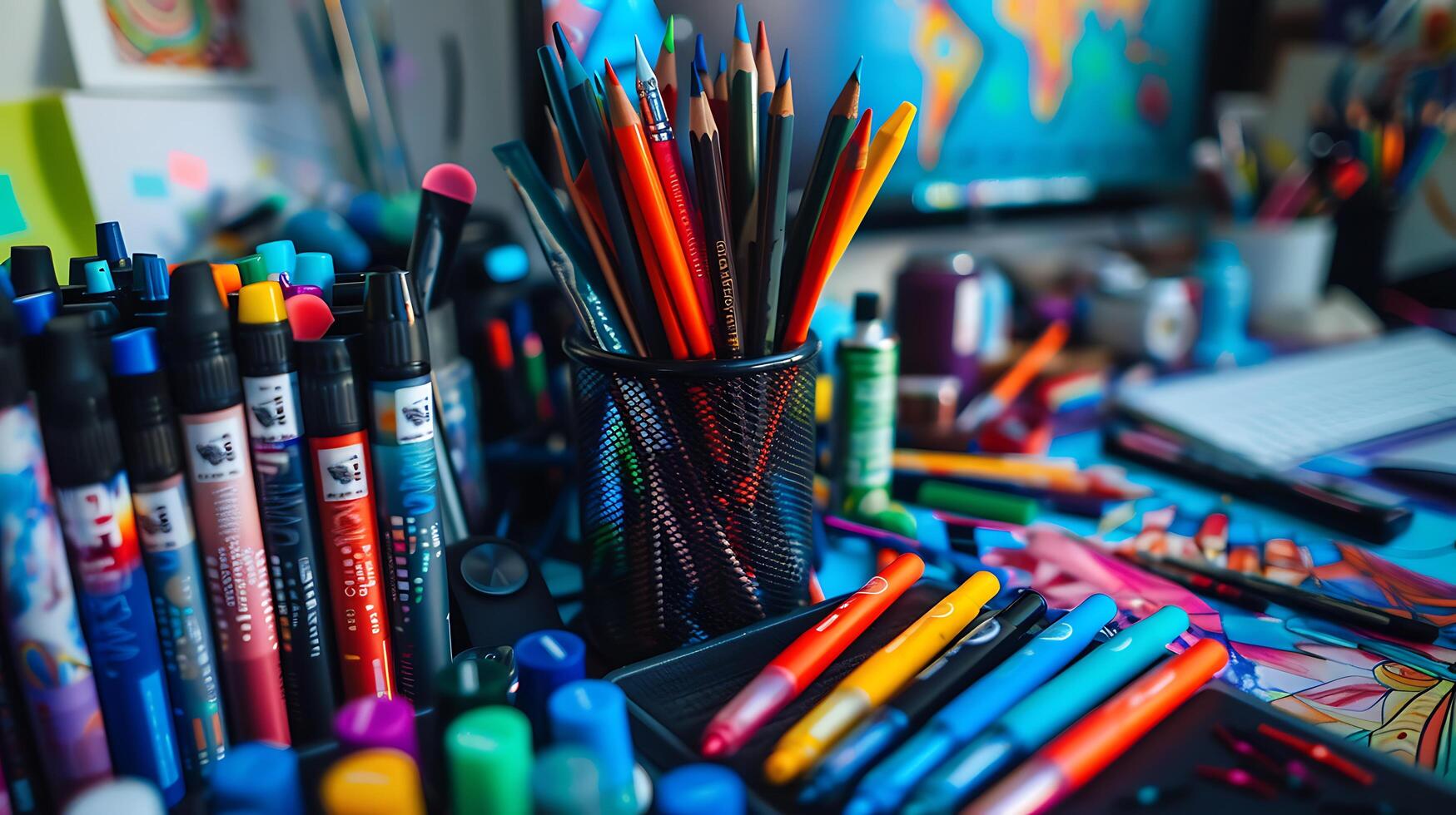 ai gegenereerd ontwerpers bureau kleurrijk chaos van stalen potloden en software Scherm gevangen genomen in 50 mm detailopname foto