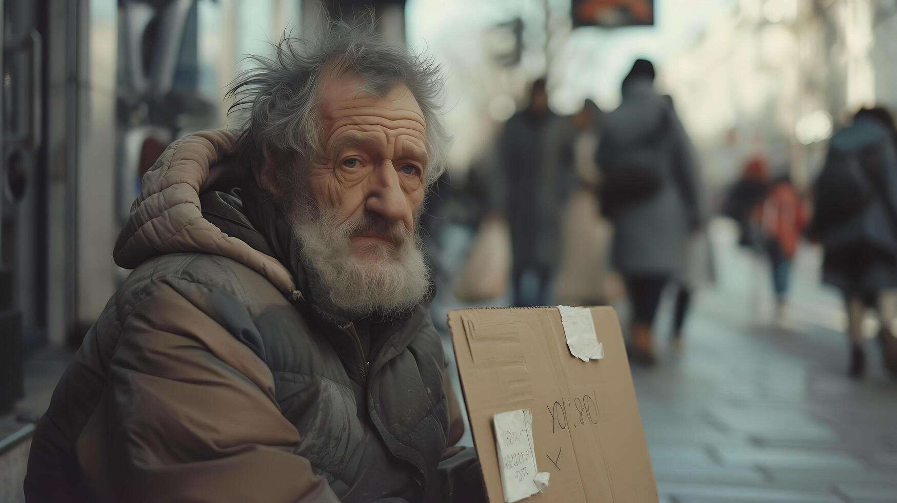 ai gegenereerd dakloos persoon ineengedoken Aan stad straat hoek omringd door uitschot Tassen leunend tegen gebouw grungy stedelijk backdrop foto