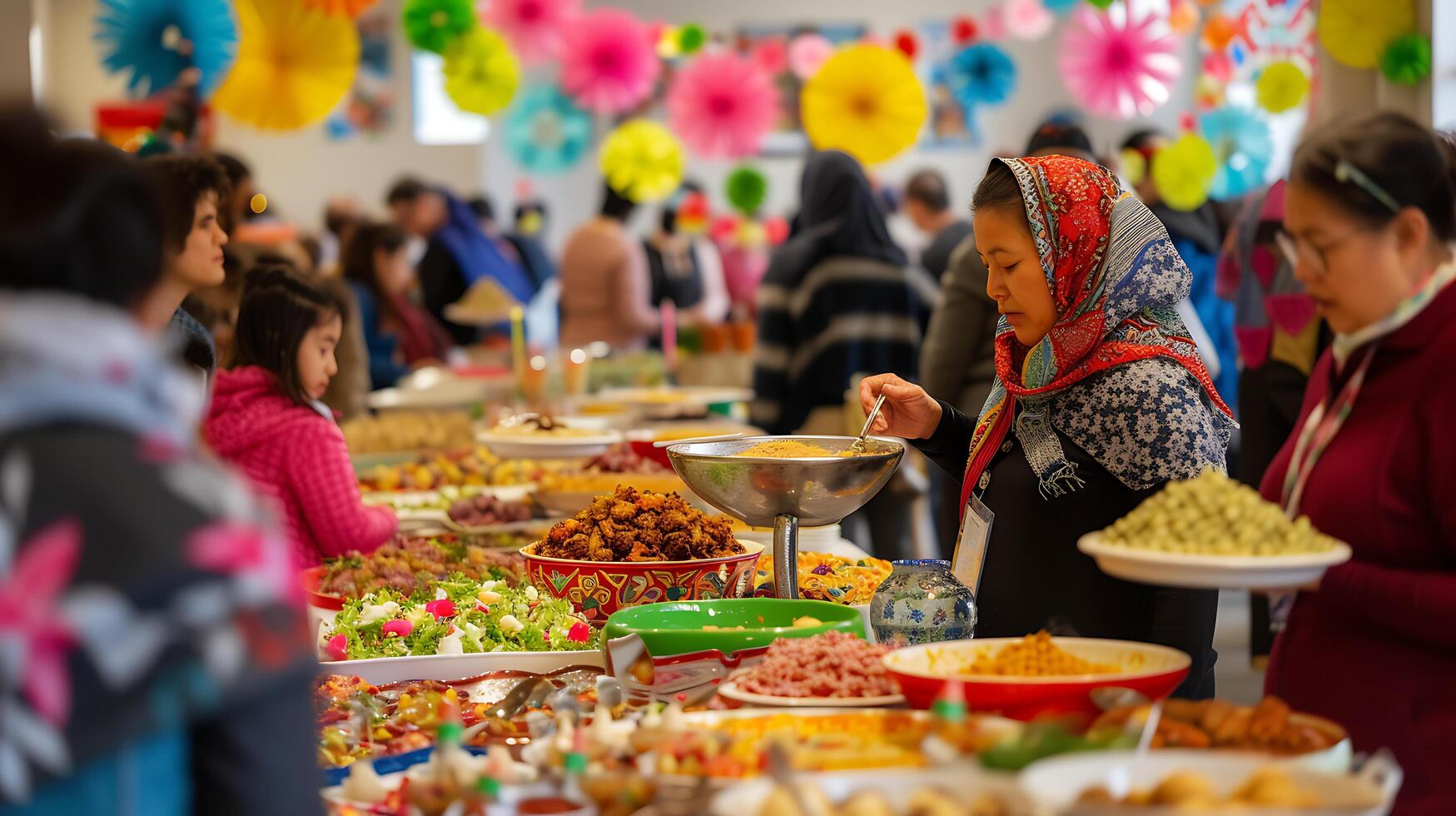 ai gegenereerd vieren eenheid en verscheidenheid blij bijeenkomst in een multicultureel kamer gevulde met gelach muziek- en feestelijk decor foto