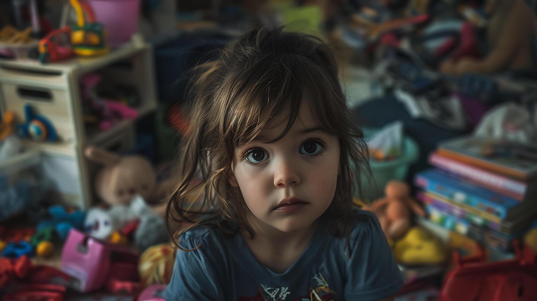 ai gegenereerd attent meisje omringd door rommelig speelgoed en boeken in rommelig slaapkamer gevangen genomen in detailopname 50 mm schot foto
