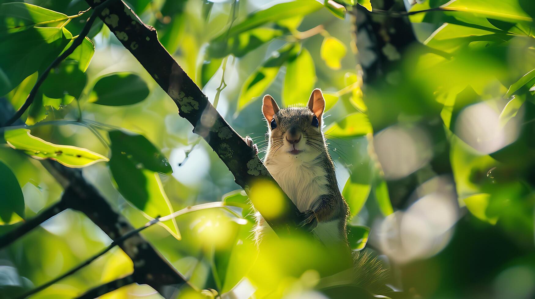 ai gegenereerd nieuwsgierig eekhoorn neergestreken Aan boom Afdeling omringd door levendig gebladerte in zacht natuurlijk licht foto