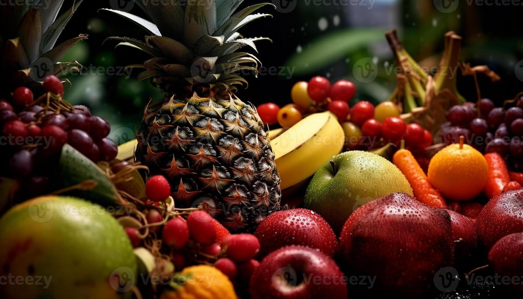 ai gegenereerd versheid van natuur ananas, appel, oranje, druif gegenereerd door ai foto