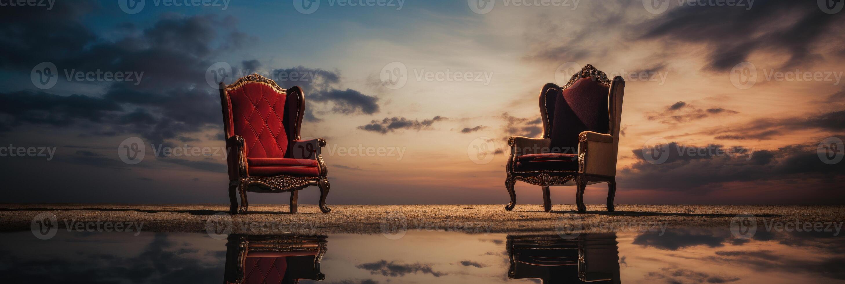 ai gegenereerd een banier met twee stoelen, een gemakkelijk nog krachtig symbool van gedeeld momenten en gastvrij gesprekken. ai gegenereerd. foto