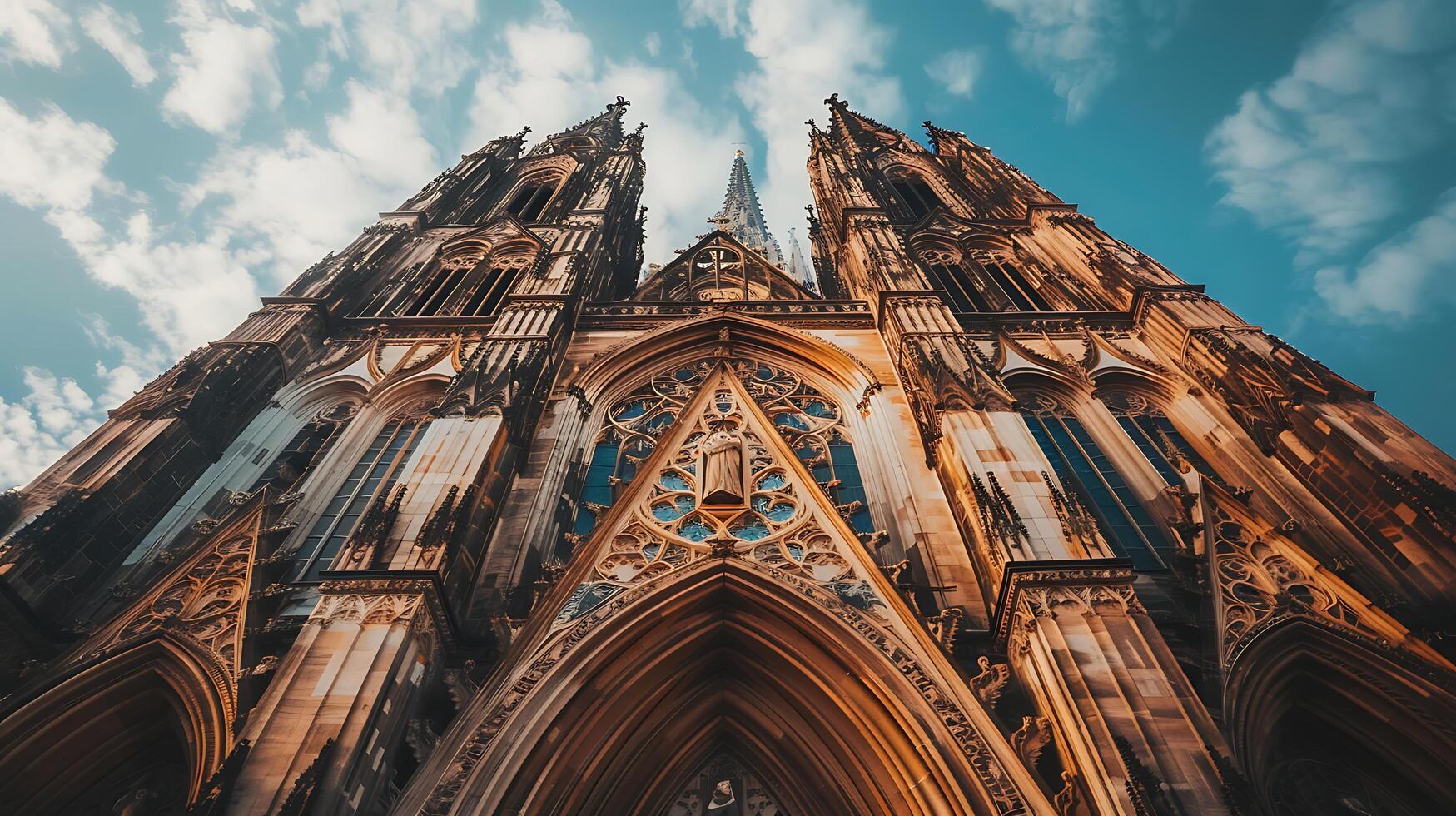 ai gegenereerd ingewikkeld gotisch kathedraal facade overladen houtsnijwerk gebrandschilderd glas en drama foto