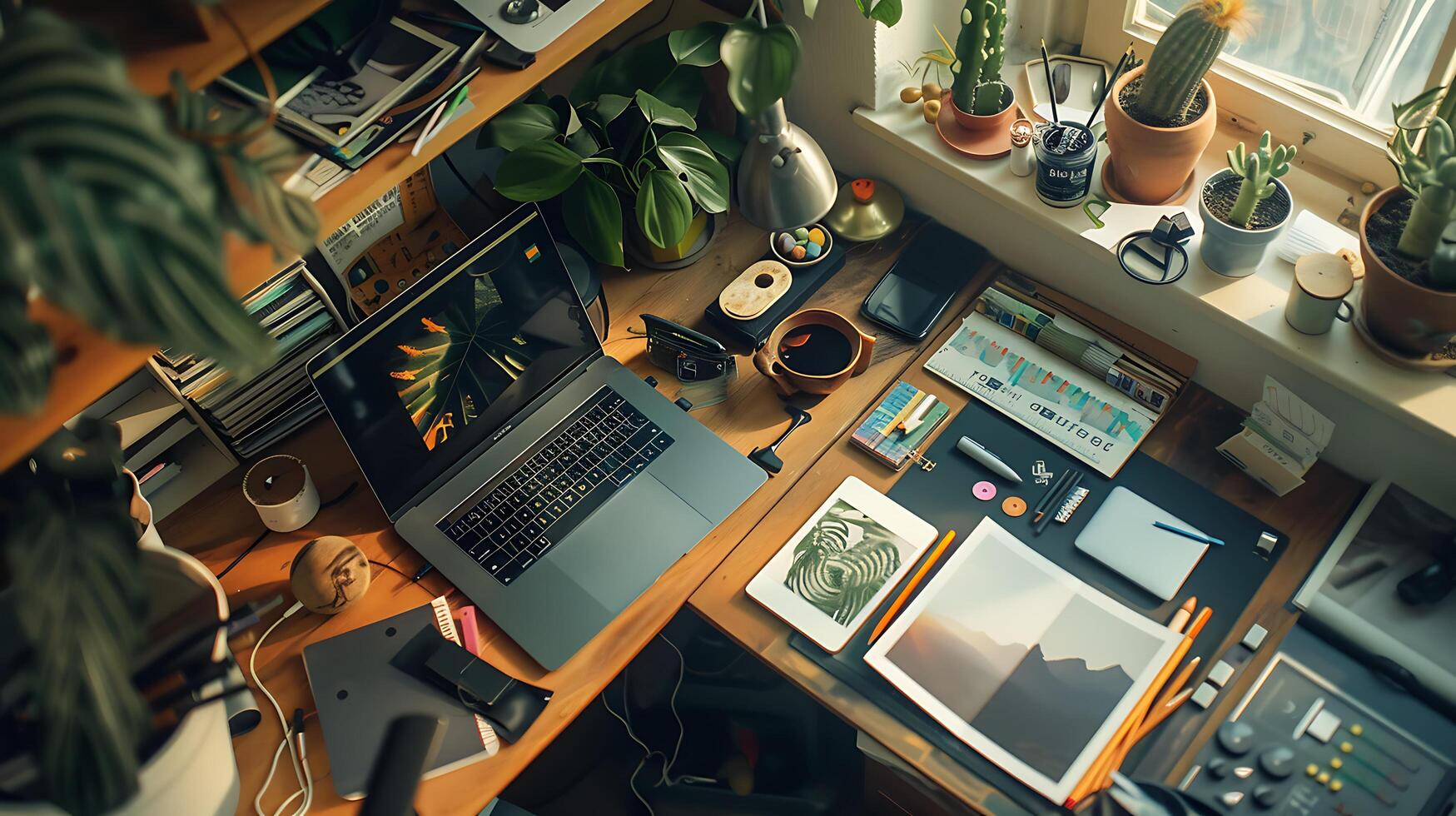 ai gegenereerd ontwerpers bureau laptop tablet en grafisch gereedschap in warm natuurlijk licht foto